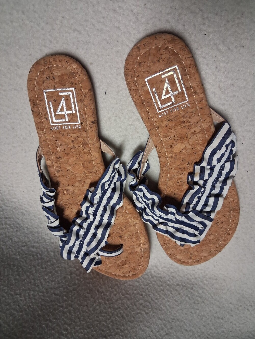 4/20$ LFL by Lust for Life Navy & White Striped Ruffle Slide Sandals